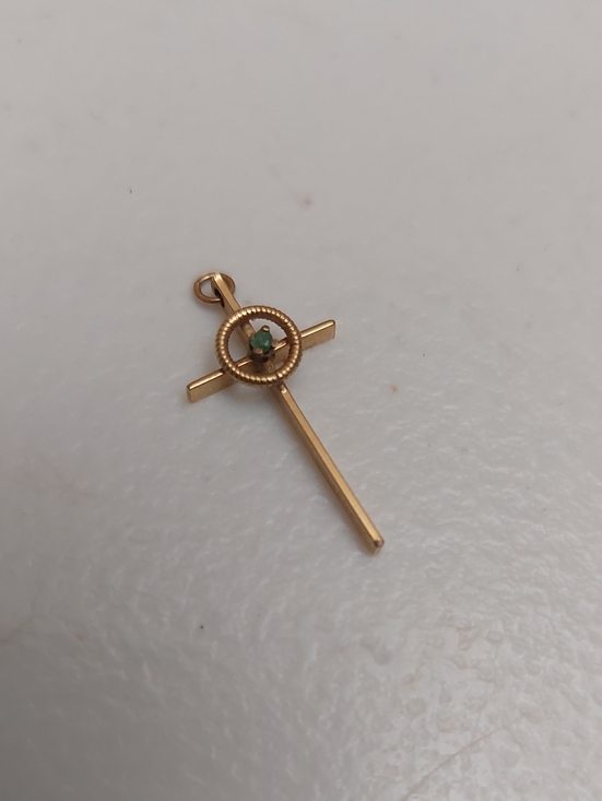 Jewelry - 14K GF Yellow Gold Filled Cross Pensant With Tiny Green Stone